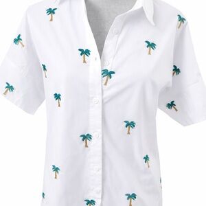 Vacate the Label Palm Tree Embroidered White Button Shirt Size L Tropical Resort